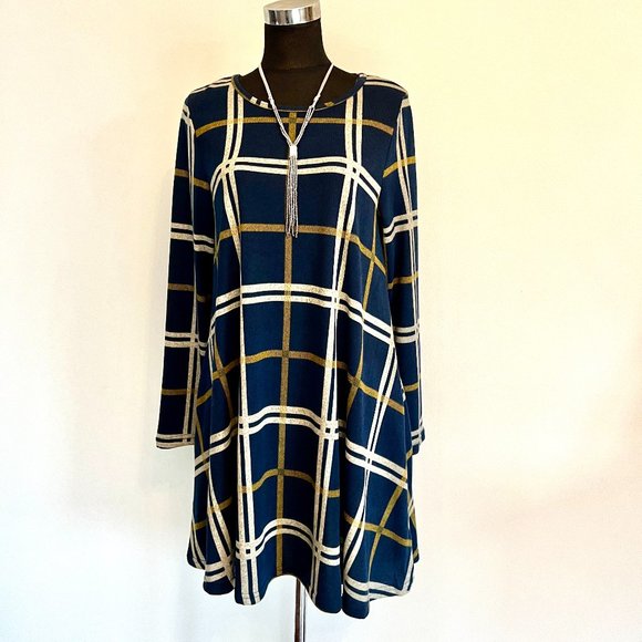 NWT Apricot Wavy Plaid Swing Sweater Dress Size L - Picture 2 of 8